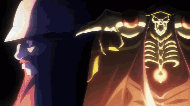 a skeleton is standing next to a man with a beard