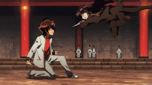 a man kneeling down in front of a girl flying in the air in a cartoon