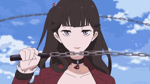 a girl in a red jacket is holding a chain around her neck and the words electrodyste-k are visible in the corner