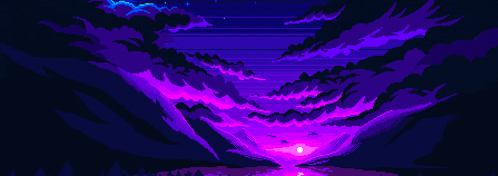 it looks like a pixel art of a sunset with purple clouds and a shooting star .