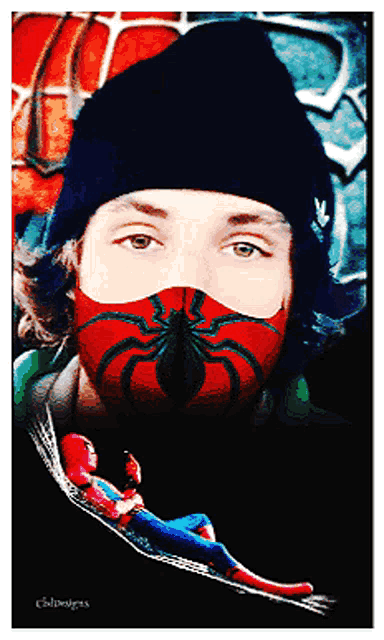 a man wearing a mask with a spider on it looks at a spider man