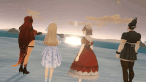 a group of anime characters standing on a beach with the sun shining through the clouds