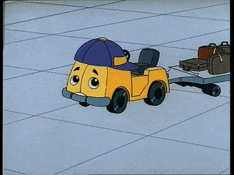 a yellow toy car with a blue hat is pulling a cart of luggage