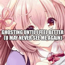 a girl with pink hair and a bow tie is ghosting until i feel better . u may never see me again .