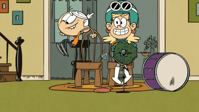 a cartoon of lincoln and wendy from the loud house playing a drum