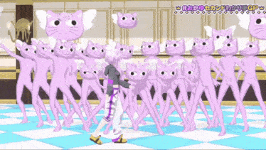 a girl is surrounded by a bunch of purple cats