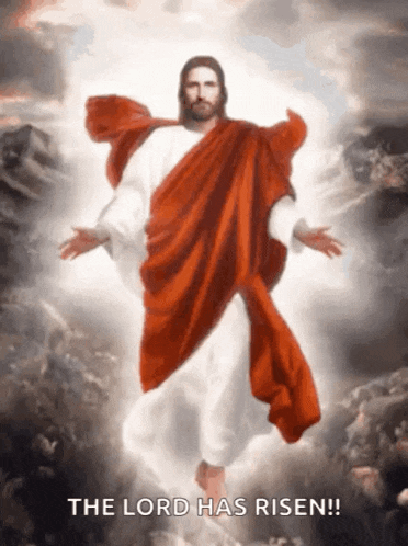 a painting of jesus with the words " the lord has risen " below him