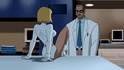 a man in a lab coat and tie stands next to a woman in a white suit