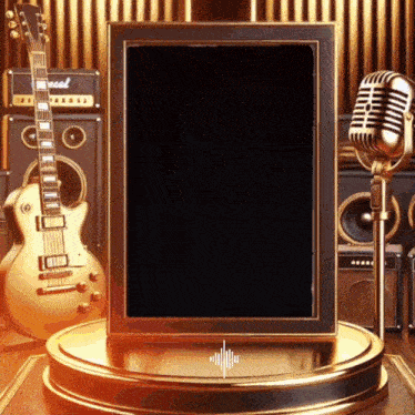 a guitar and a microphone in front of a sign that says ' marshall ' on it
