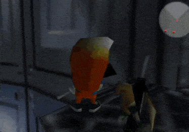a cartoon character is holding a gun in a room