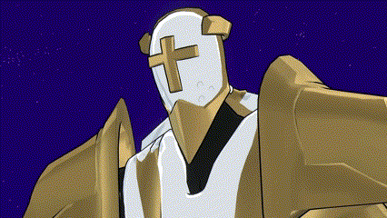 a cartoon drawing of a robot with a cross on his head
