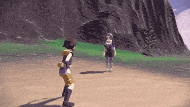 a video game character is standing in front of a mountain