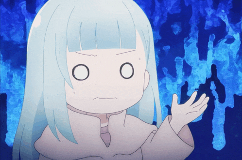 a girl with a surprised look on her face stands in front of a blue background