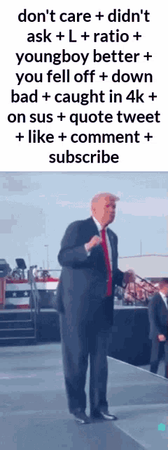 a man in a suit and tie stands on a stage with a caption that says do n't care did n't