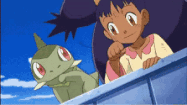 a girl and a pokemon are looking over a wall