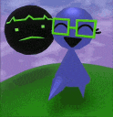 a blue cartoon character with green glasses and a sad face