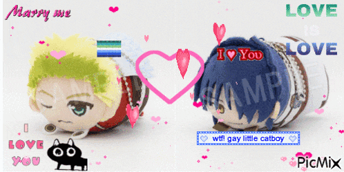 a couple of stuffed animals laying next to each other with the words " marry me " and " i love you "