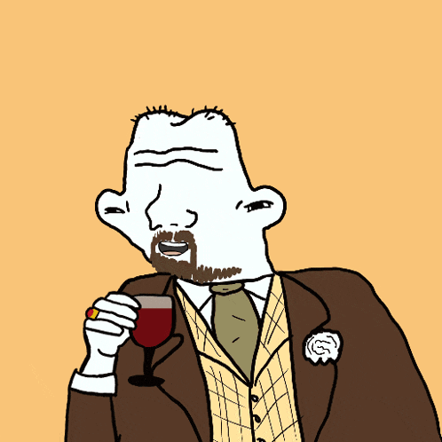 a cartoon of a man in a suit holding a glass of wine with the words cheers written above him