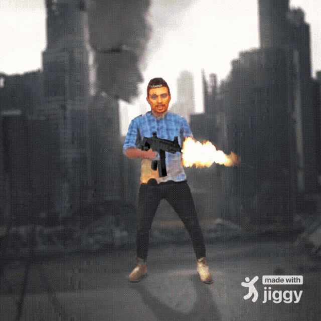 a man is holding a gun with fire coming out of it and the words made with jiggy below him
