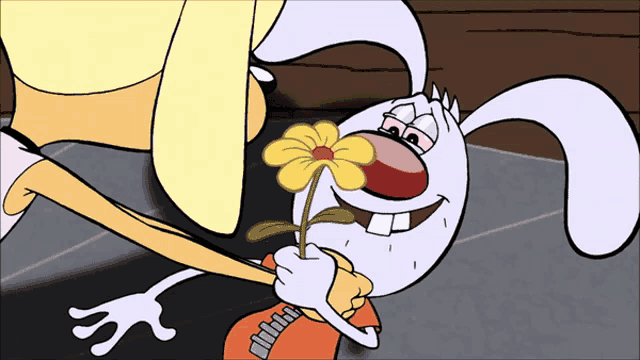a cartoon of a rabbit holding a flower with a yellow center