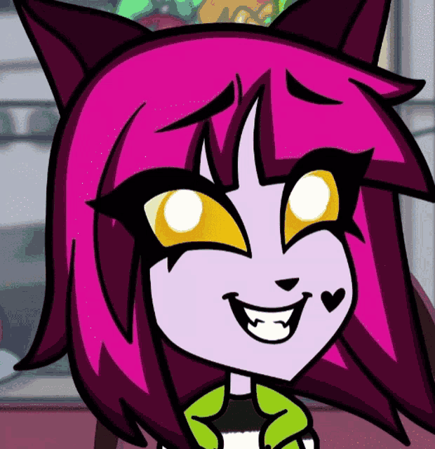 a cartoon drawing of a girl with pink hair and yellow eyes