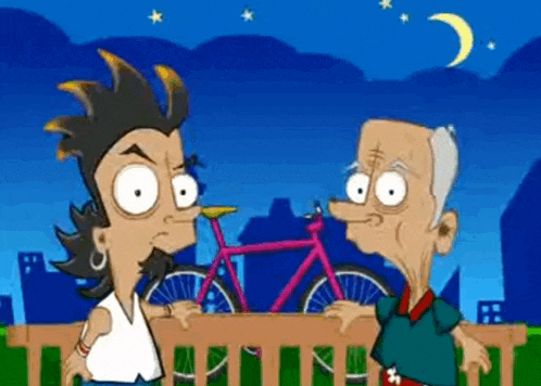 two cartoon characters are standing next to each other in front of a bicycle