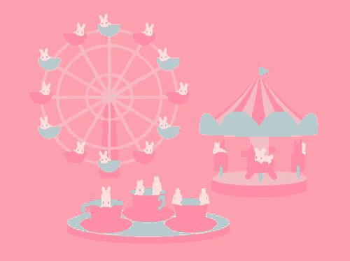 an illustration of a ferris wheel a merry go round and cups of tea with rabbits on them