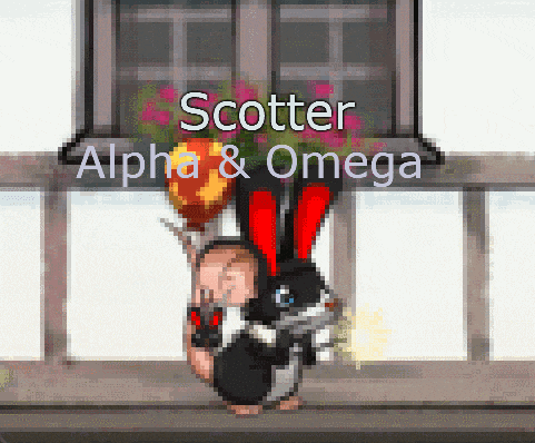 a pixel art of a bunny holding a balloon with the words scatter alpha & omega above it