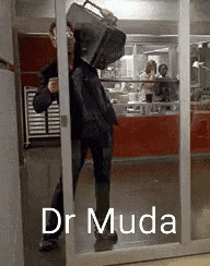 a man carrying a suitcase is walking through a glass door with dr muda written on it