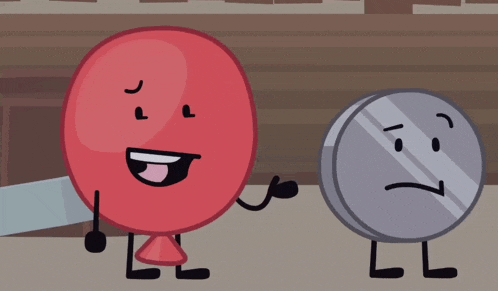 a red balloon and a silver coin with faces on them