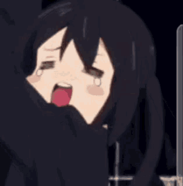 a close up of a anime girl with her mouth open and her tongue hanging out .