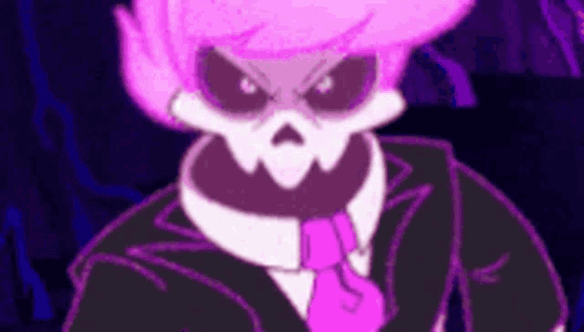 a cartoon skeleton with pink hair is wearing a black suit and tie .