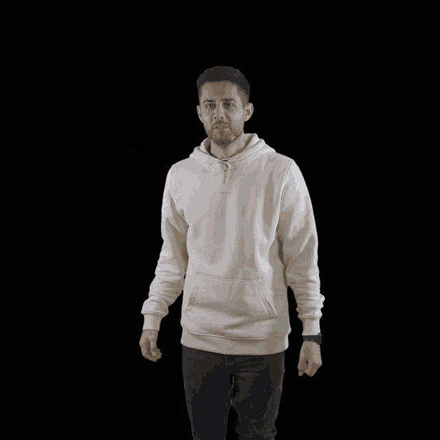 a man in a white sweatshirt is flexing his muscles in front of a black background