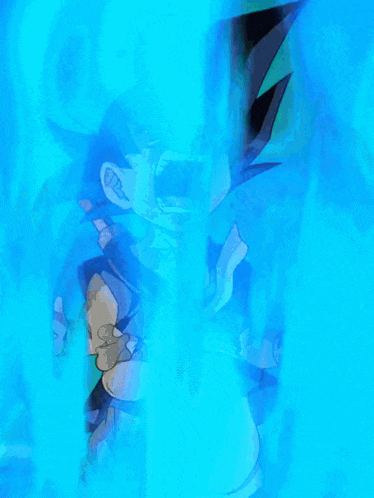 a cartoon character is standing in front of a blue wall with chinese writing on it