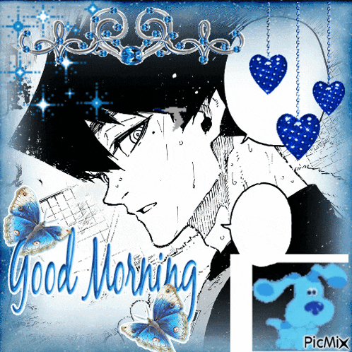 a picture of a man with blue butterflies and the words " good morning "