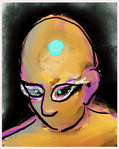 a painting of a bald head with a blue circle on the forehead