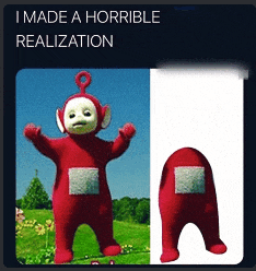 a picture of a red teletubbies doll next to a picture of a red among us doll