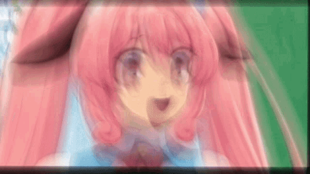 a close up of a pink haired anime girl with a dog 's face .