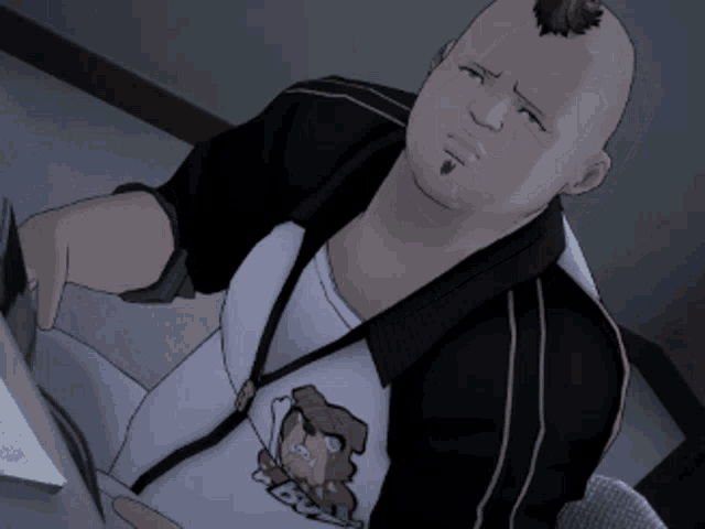 a bald man with a mohawk is wearing a shirt with a dog on the front