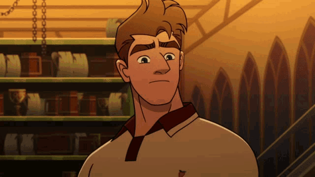 a cartoon of a man standing in front of a shelf