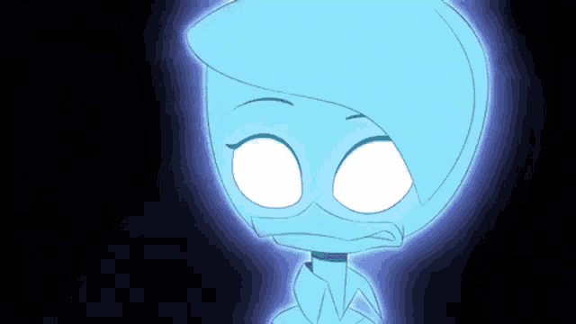 a cartoon character with glowing eyes is standing in the dark .
