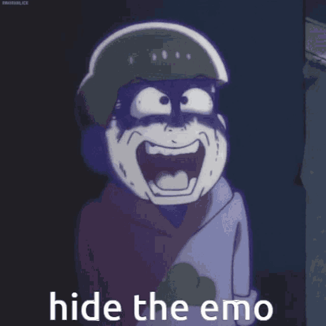 a cartoon character with sunglasses and the words hide the emo on the bottom