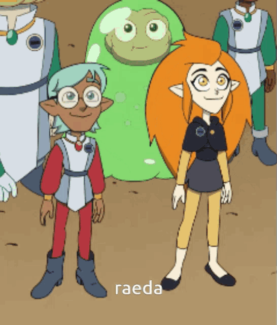 a group of cartoon characters standing next to each other with the word raeda in the bottom right corner