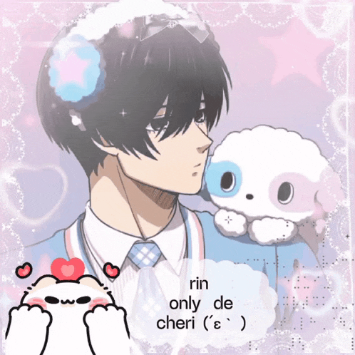 a picture of a boy with a stuffed animal and the words " rin only de cheri "