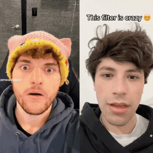 a man wearing a cat hat next to another man wearing a black hoodie with the caption " this filter is crazy "
