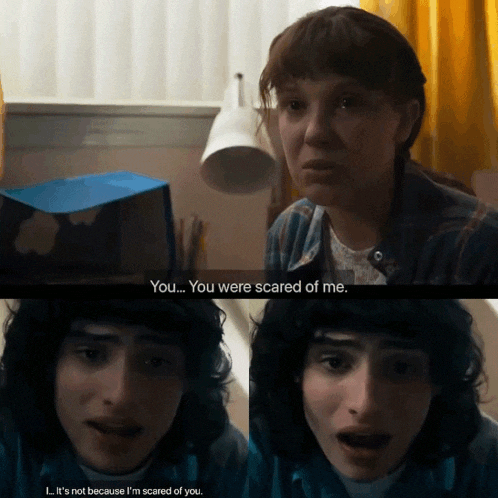 a woman says you were scared of me next to a boy