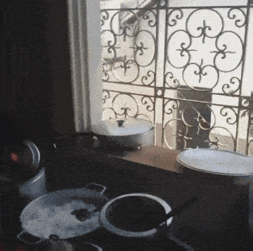 pots and pans are on a window sill in front of a wrought iron gate