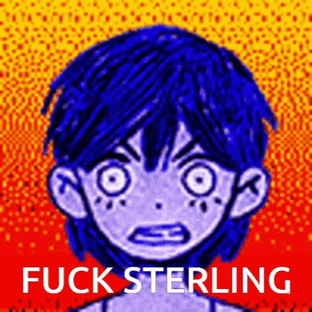 a picture of a boy with blue hair and the words " fuck sterling "