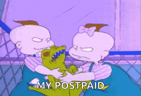 a cartoon of two babies hugging a dinosaur with the words `` my postpaid '' written on the bottom .