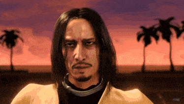a man with long hair and a beard is looking at the camera